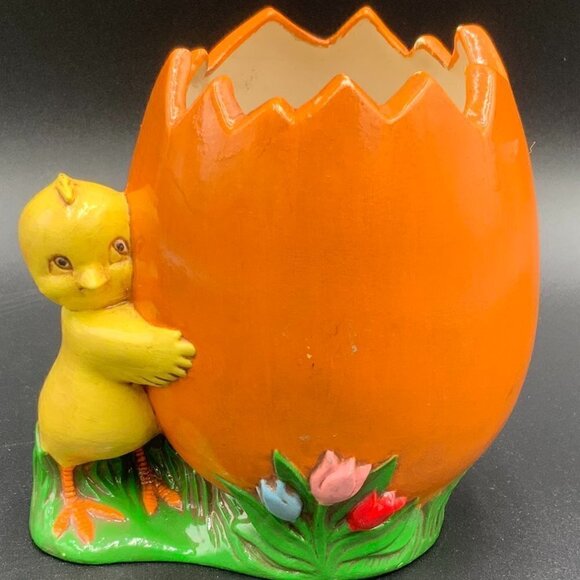 1978 Ceramic Porcelain Spring Easter Chick Holding Egg Planter Glazed 4.5” - Picture 2 of 9